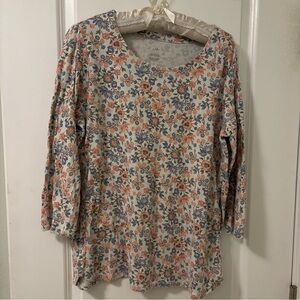 J. Jill 100% Pima Scoop Neck 3/4 Sleeve Tee-Large-Cream Floral-EUC